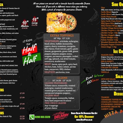 طراحی لوگو و منو رستوران Hizza Pizza در لندن